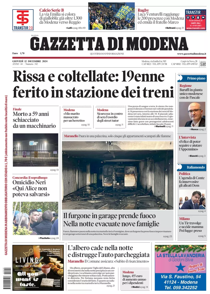 Prima-pagina-gazzetta di modena-oggi-edizione-del-2024-12-12